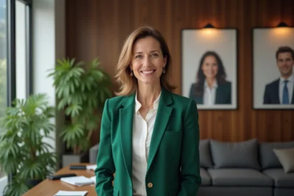 Femme en blazer vert dans un bureau moderne pour l'article