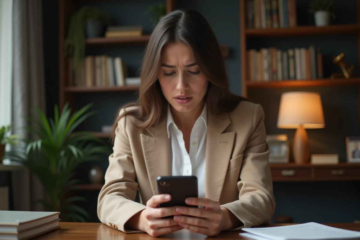 Jeune femme en blazer beige vérifiant son smartphone dans un bureau