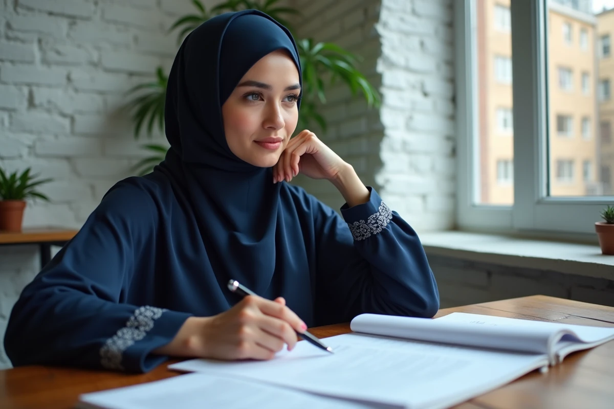Femme musulmane assise à son bureau réfléchissant à un projet halal avec des documents de planification, après une prière istikhara, ambiance studieuse et spirituelle