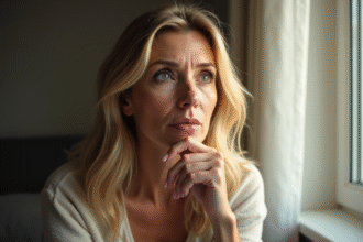 Femme blonde réfléchie près d'une fenêtre en lumière douce