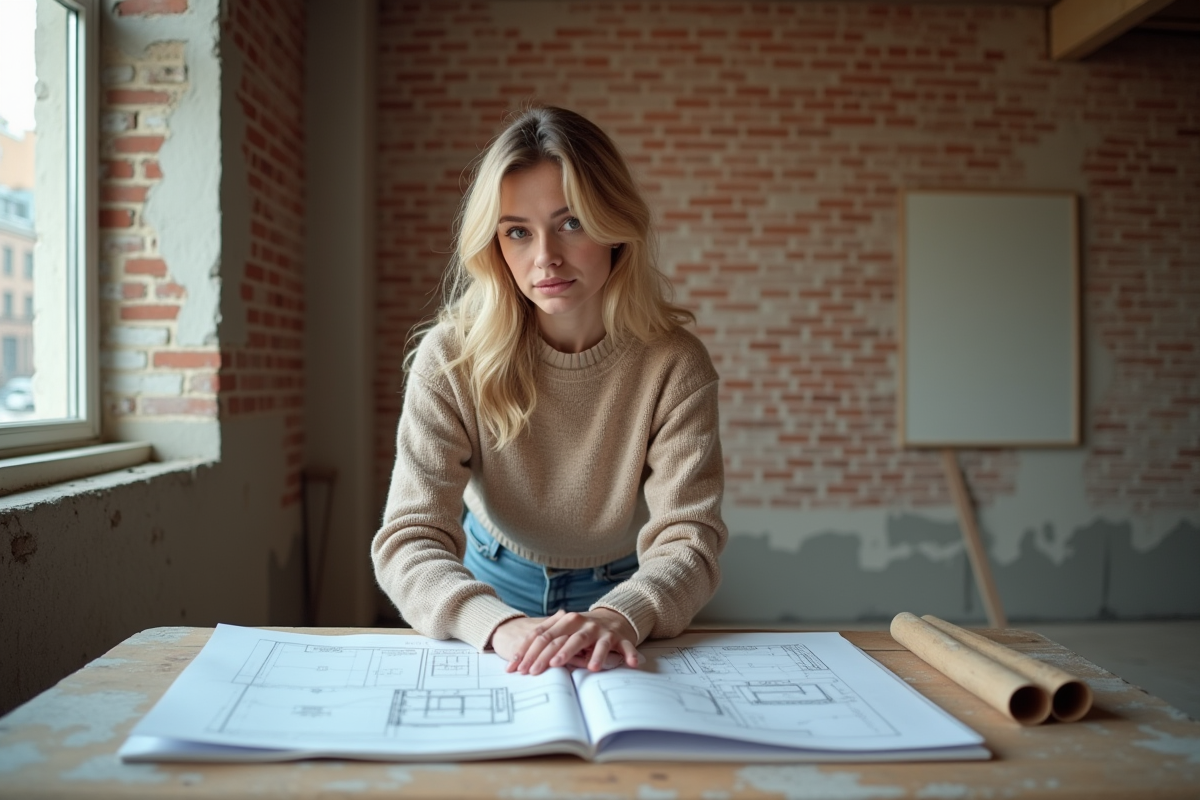 Jeune femme examine plans de renovation dans un appartement