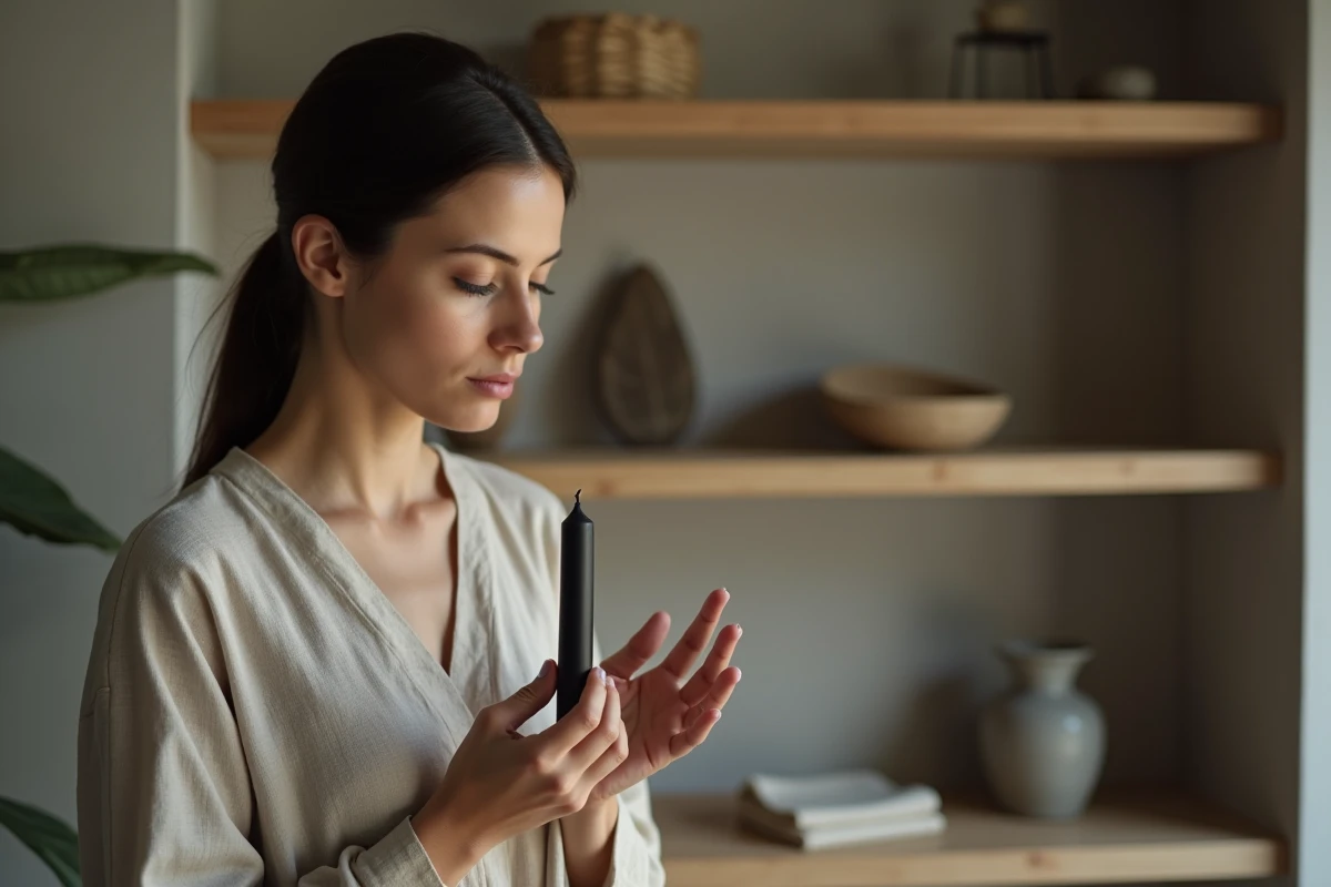 Femme tenant une bougie noire dans un rituel de magie blanche avec intention et concentration