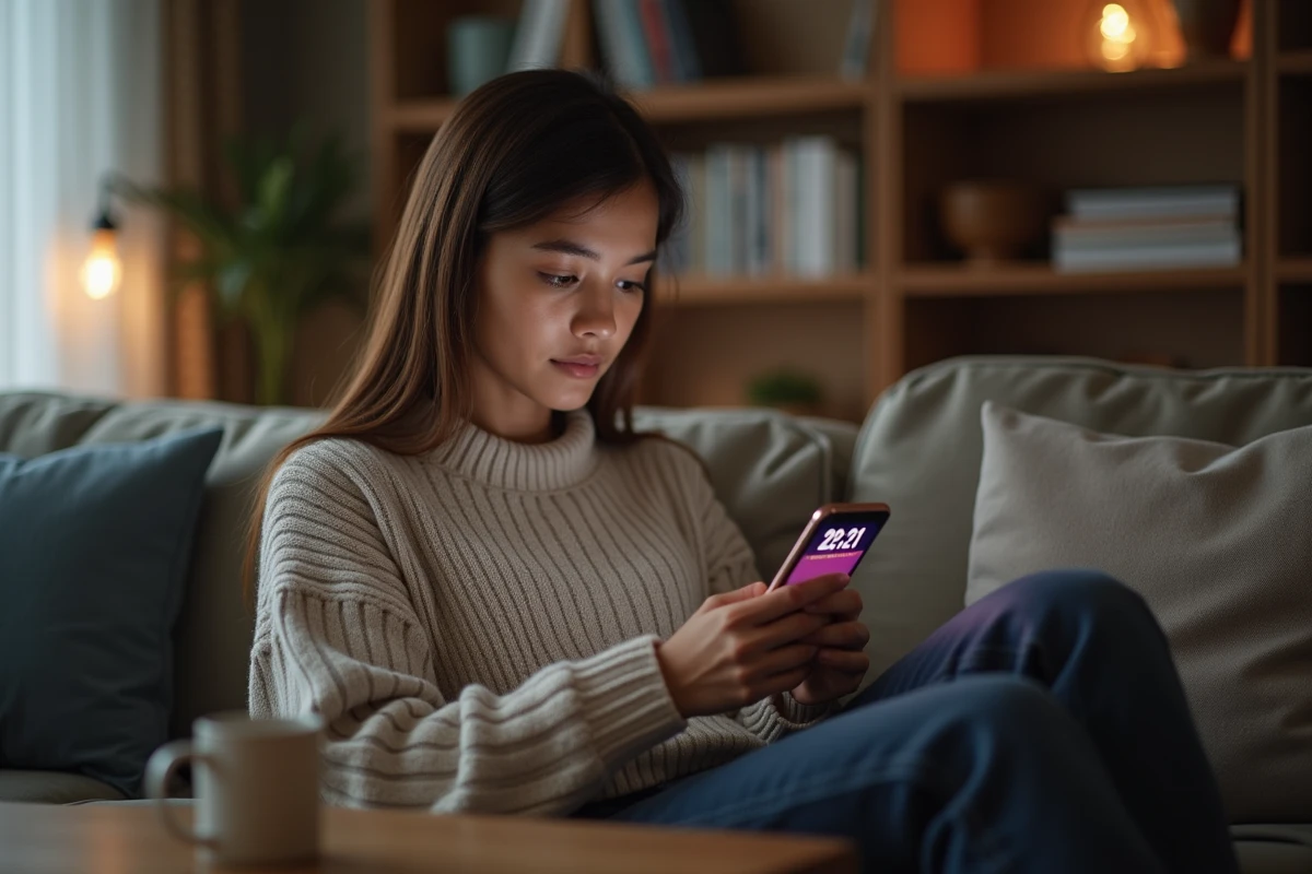Jeune femme regardant son smartphone dans un salon cosy