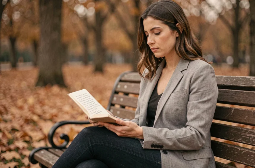 Femme seule sur un banc de parc écrivant dans un journal intime pour surmonter une trahison amoureuse