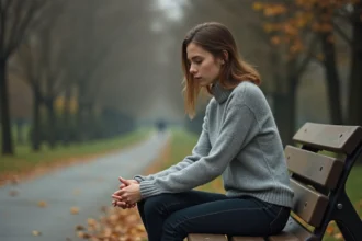 Jeune femme seule sur un banc de parc en automne, regard baissé, exprimant une douleur émotionnelle liée à l'amour non réciproque