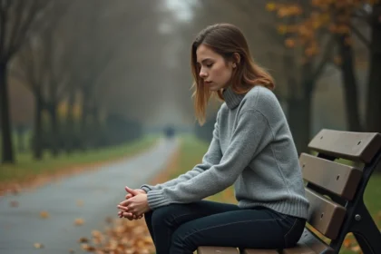 Jeune femme seule sur un banc de parc en automne, regard baissé, exprimant une douleur émotionnelle liée à l'amour non réciproque