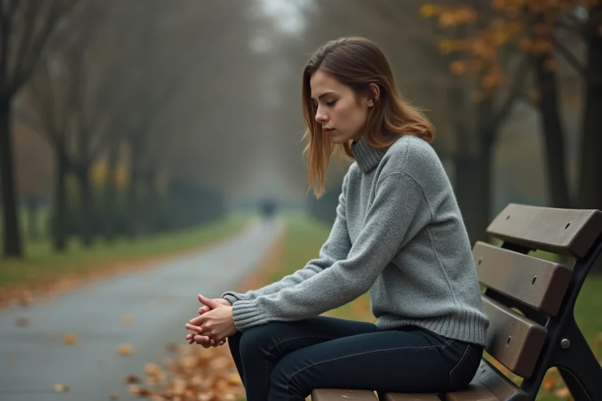 Jeune femme seule sur un banc de parc en automne, regard baissé, exprimant une douleur émotionnelle liée à l'amour non réciproque