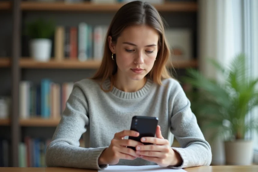 Jeune femme utilisant un smartphone Android pour accéder à un site web en navigation mobile