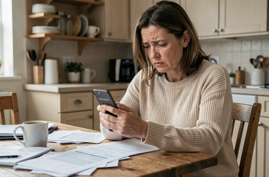 Femme stressée examinant un numéro inconnu 118712 sur son smartphone à la maison