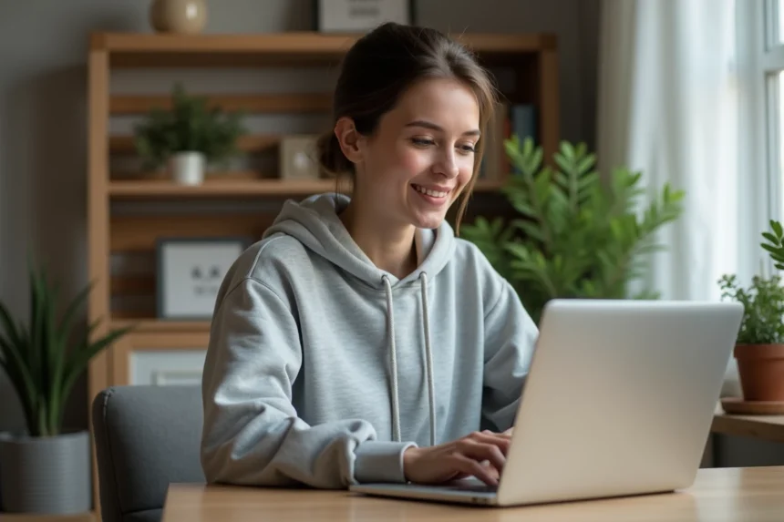 Jeune femme utilisant une application de tchat en ligne sur son ordinateur portable dans un bureau à domicile moderne