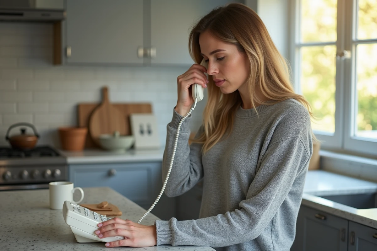 Jeune femme appelant sur un téléphone fixe dans la cuisine