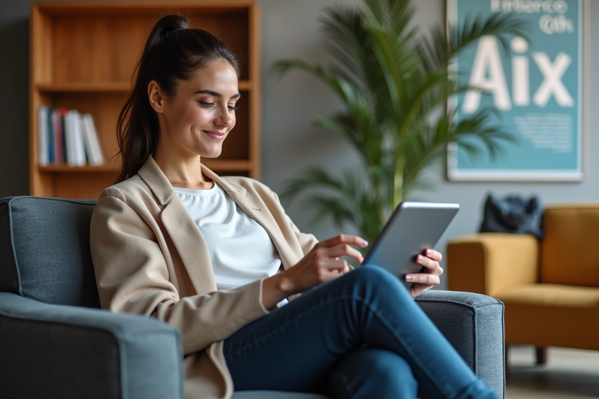 Femme en détente utilisant une tablette dans un espace de travail à Aix