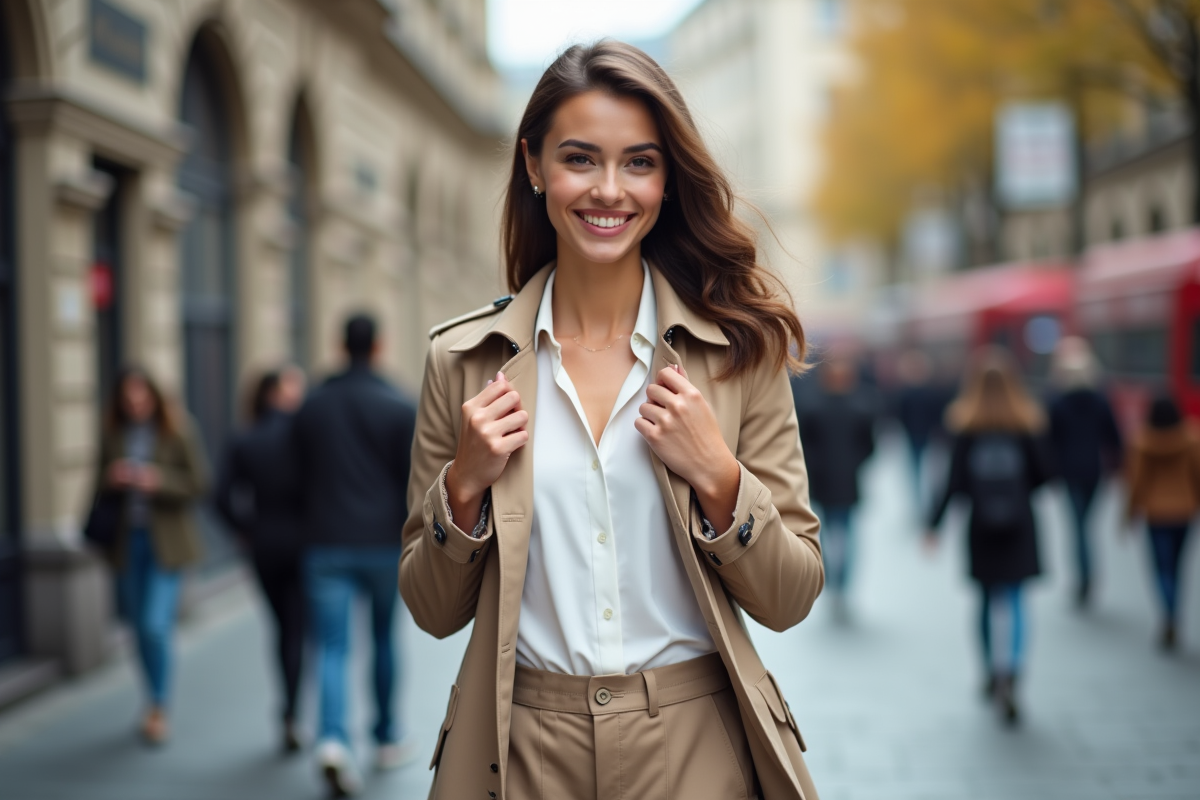 Femme en trench beige souriant dans une rue urbaine animée