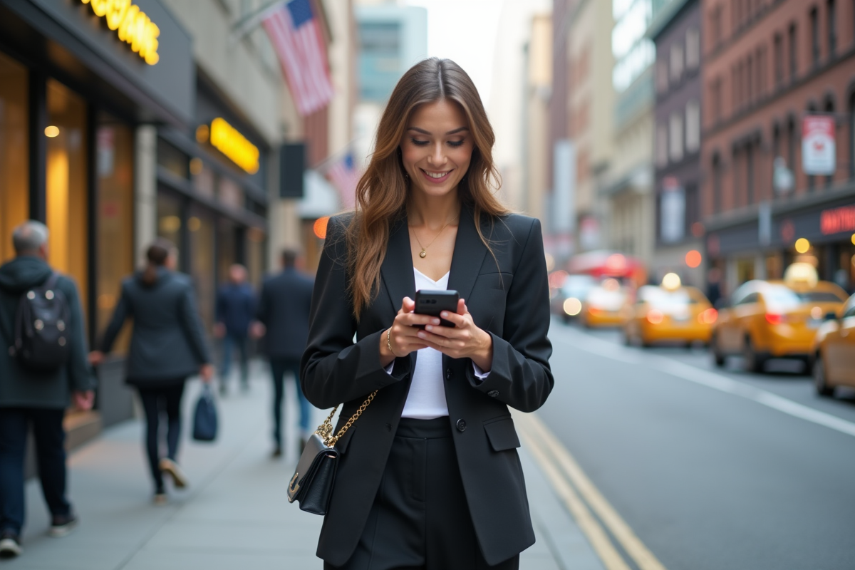 Femme élégante dans la ville en blazer et pantalon large