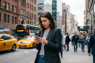 Jeune femme en ville vérifiant son smartphone dans un cadre urbain dynamique