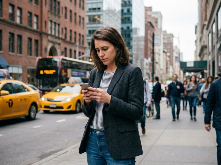 Jeune femme en ville vérifiant son smartphone dans un cadre urbain dynamique