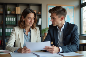 Femme urbaniste discutant avec un jeune planificateur en bureau