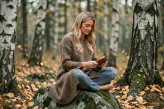 Femme tenant un Vegvisir en bois sculpté dans une forêt de bouleaux scandinaves en automne, symbole de direction spirituelle nordique
