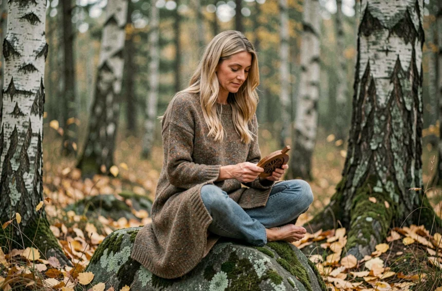 Femme tenant un Vegvisir en bois sculpté dans une forêt de bouleaux scandinaves en automne, symbole de direction spirituelle nordique