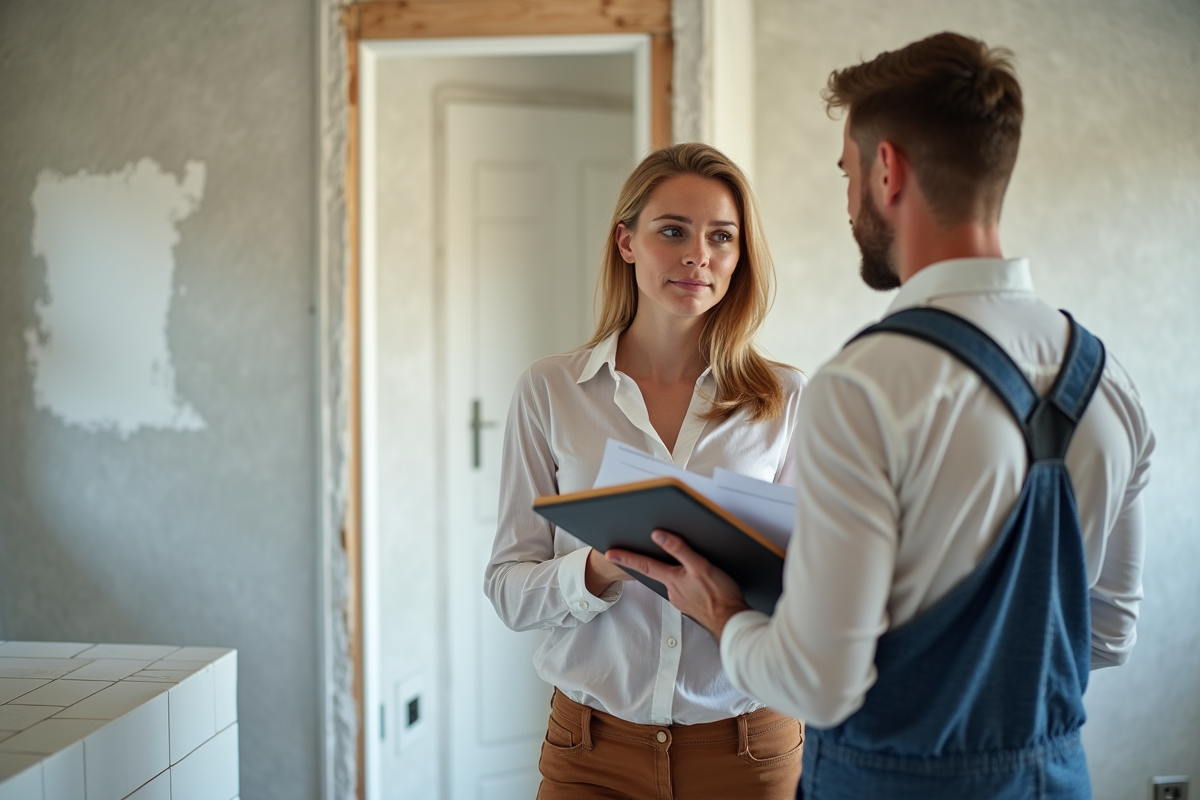 Femme vérifiant plans de rénovation dans une salle de bain