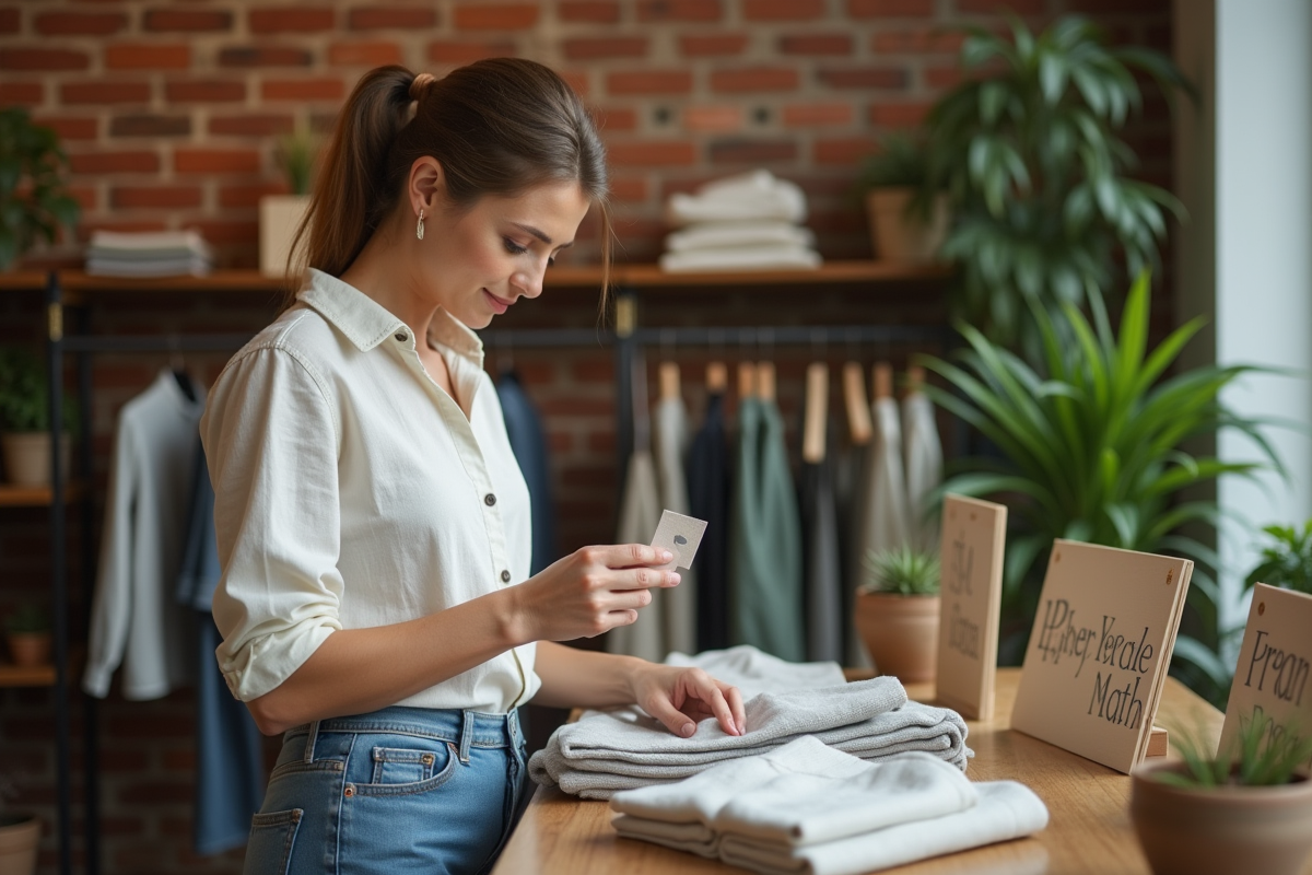 Femme examinant une étiquette de vêtement dans une boutique écologique