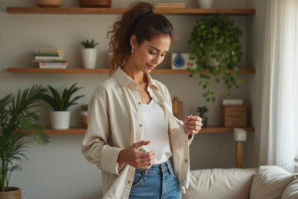 Jeune femme examine son vêtement durable dans un salon moderne
