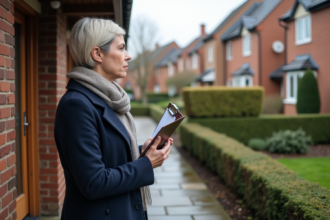 Femme observant une maison de banlieue avec un carnet