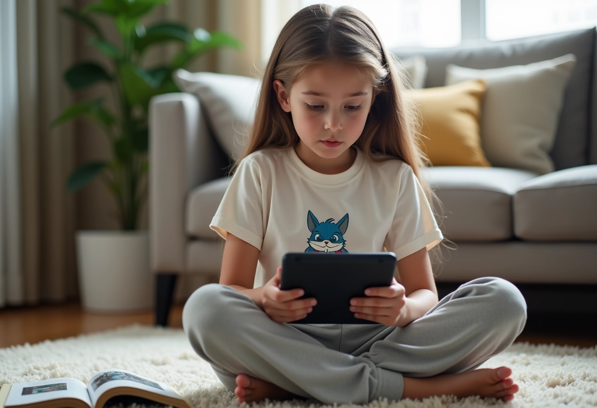 Fille adolescente jouant avec une tablette dans le salon chaleureux