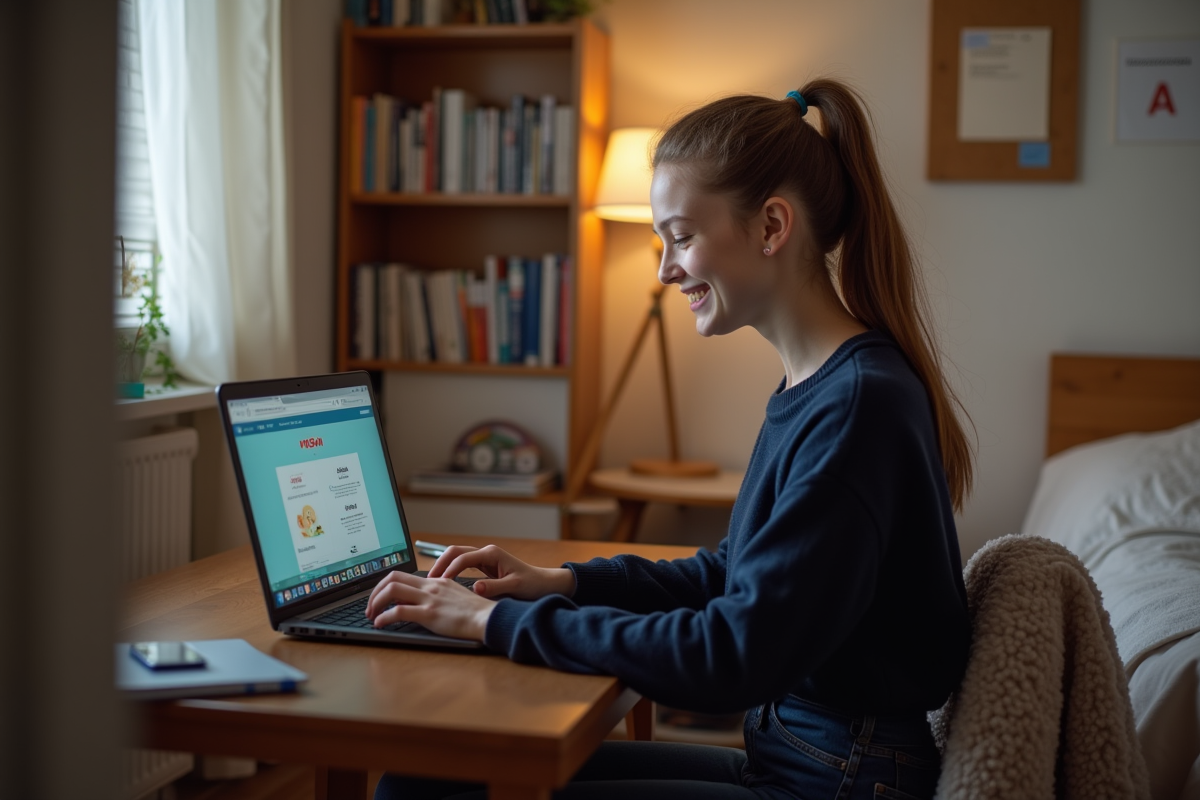 Jeune fille souriante utilisant son ordinateur dans sa chambre