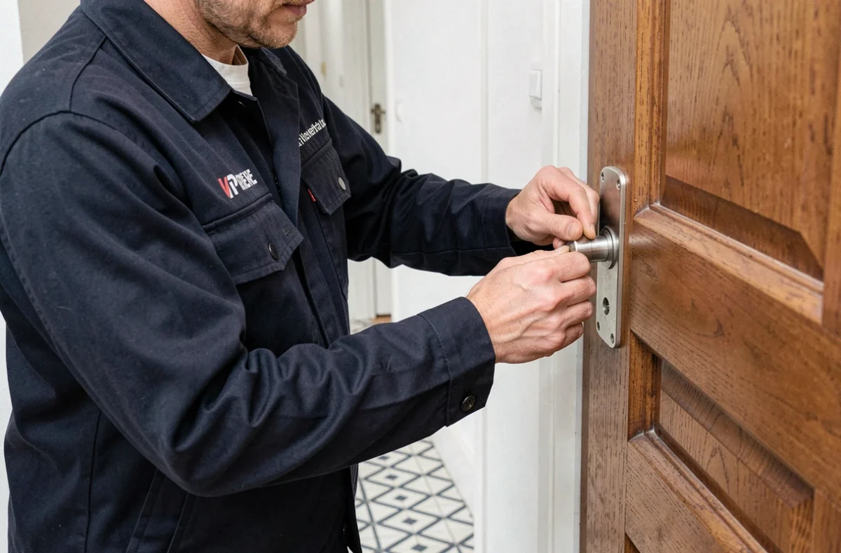 Technicien de Frisetti Fermetures posant une serrure multipoints sur une porte en bois