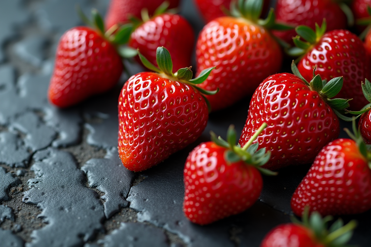 Fruits S lavés et dispersés sur une planche sombre