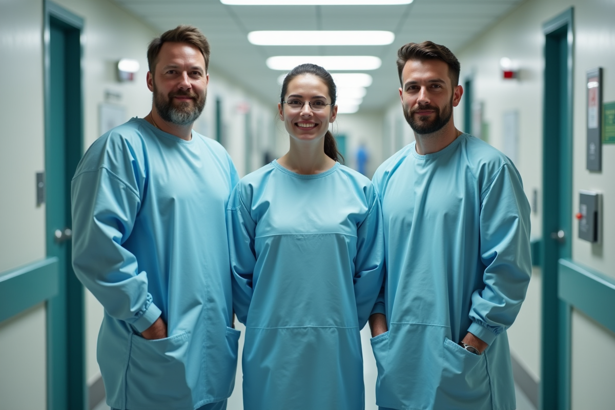 Groupe de professionnels en blouses médicales dans un couloir