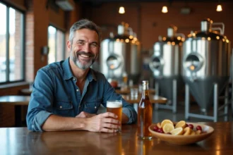 Bière artisanale dans un verre avec des ingrédients naturels en arrière-plan