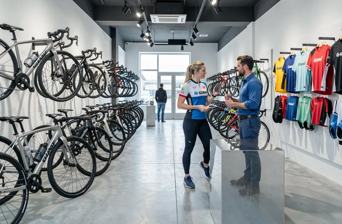 Showroom Giant Velocity à Fleury-sur-Orne avec des vélos exposés et une employée conseillant un client