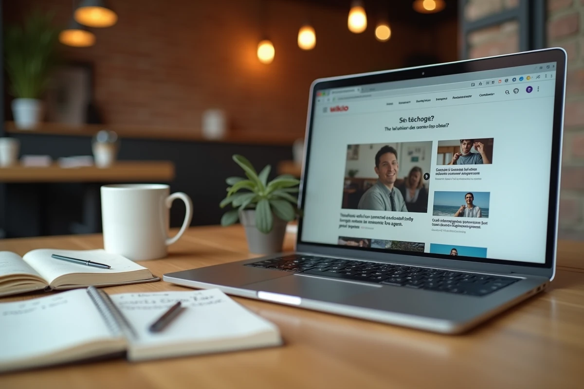 Gros plan sur un ordinateur portable affichant une interface de site d'agrégation d'actualités similaire à Wikio avec un carnet de notes et un café