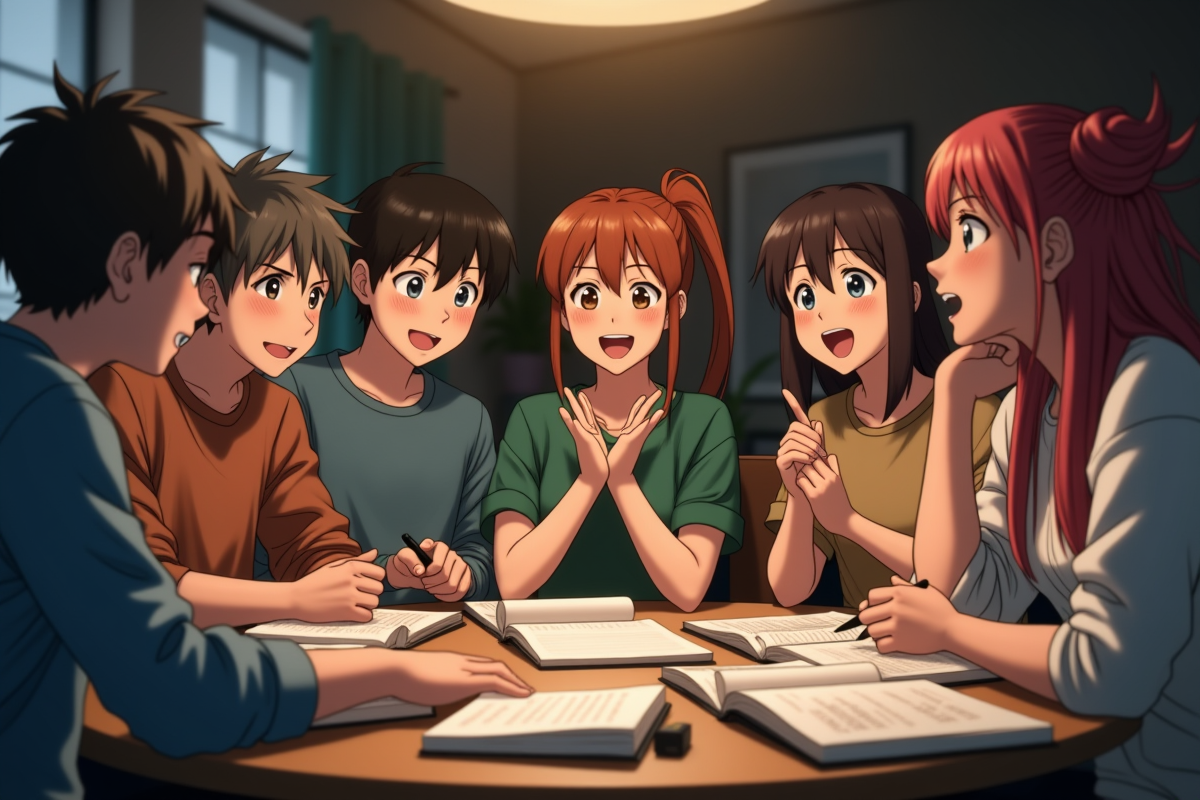 Groupe d amis discutant anime autour d une table ronde