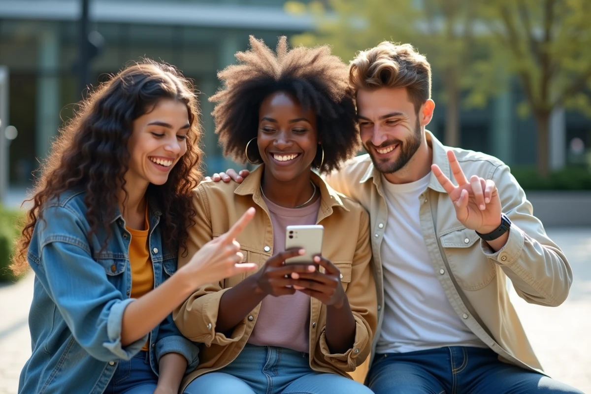 Groupe d'amis croisant les doigts ensemble en regardant une sélection d'emojis sur Instagram en extérieur dans une place urbaine moderne