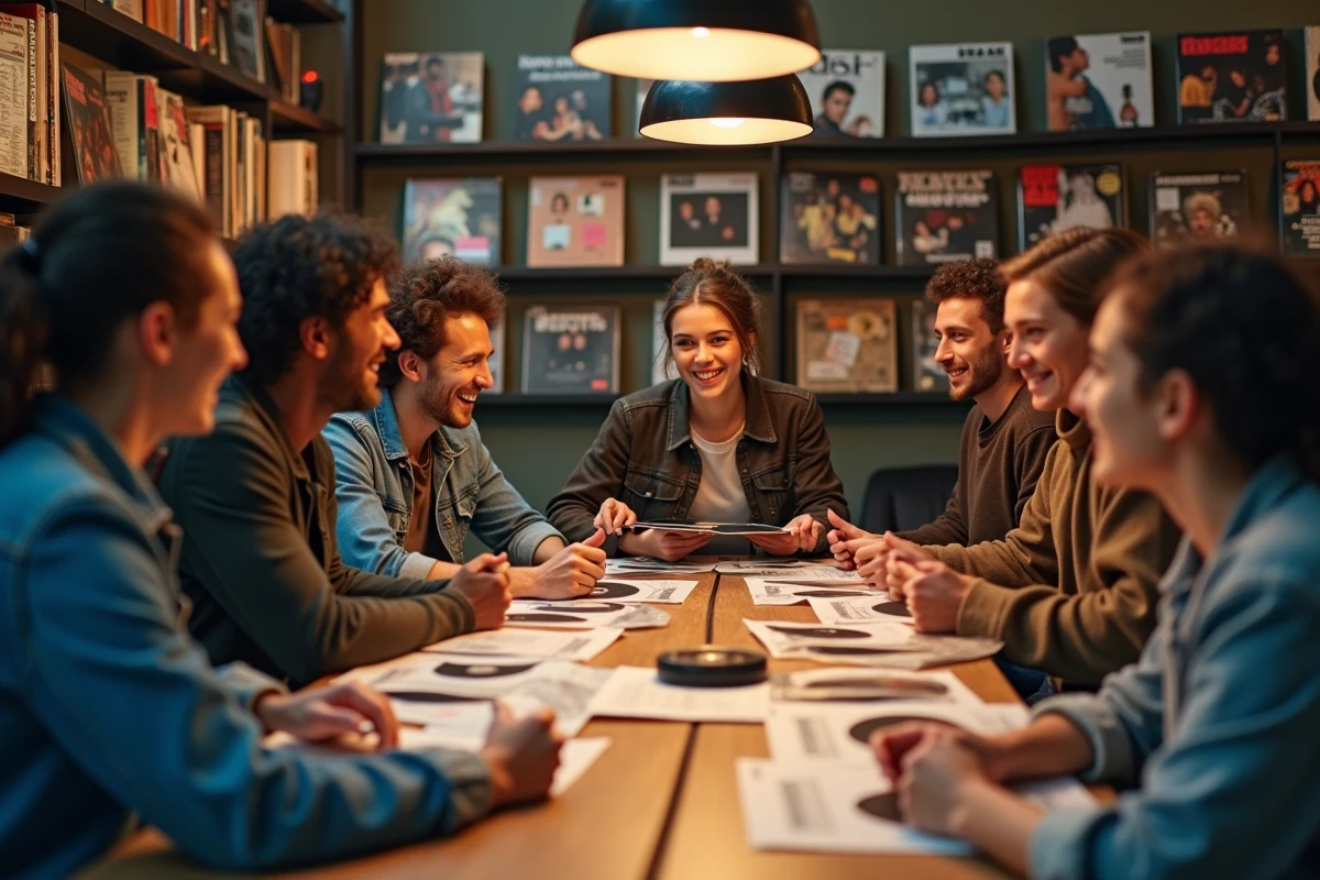 Groupe diversifié autour d'une table avec vinyles et partitions