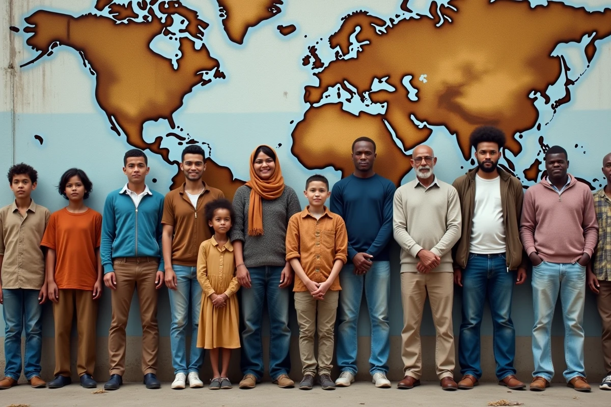 Groupe divers d'âges devant un mur avec carte du monde