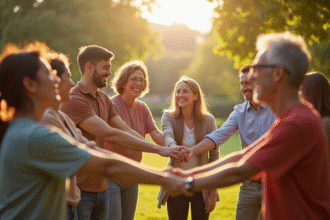 Groupe divers de personnes souriantes dans un parc ensoleille