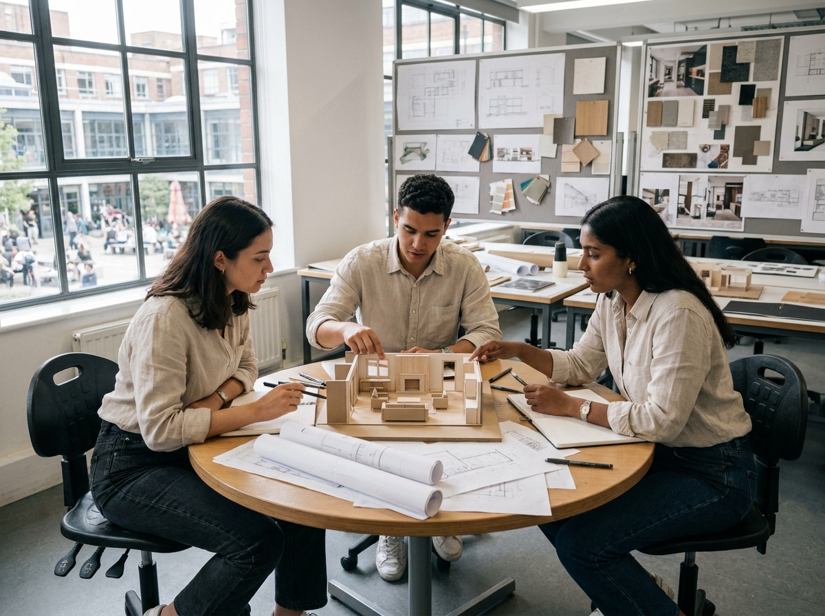 Groupe d'étudiants en bachelor architecture d'intérieur collaborant sur une maquette de salon dans un atelier universitaire