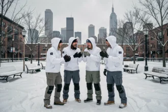 Groupe de participants en sweatshirts blancs lors d'un événement Code Whiteout Survival en extérieur sous la neige