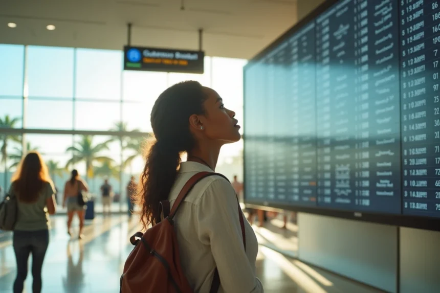 Femme consultant le tableau des départs à l'aéroport de Guadeloupe pour vérifier l'heure locale de son vol