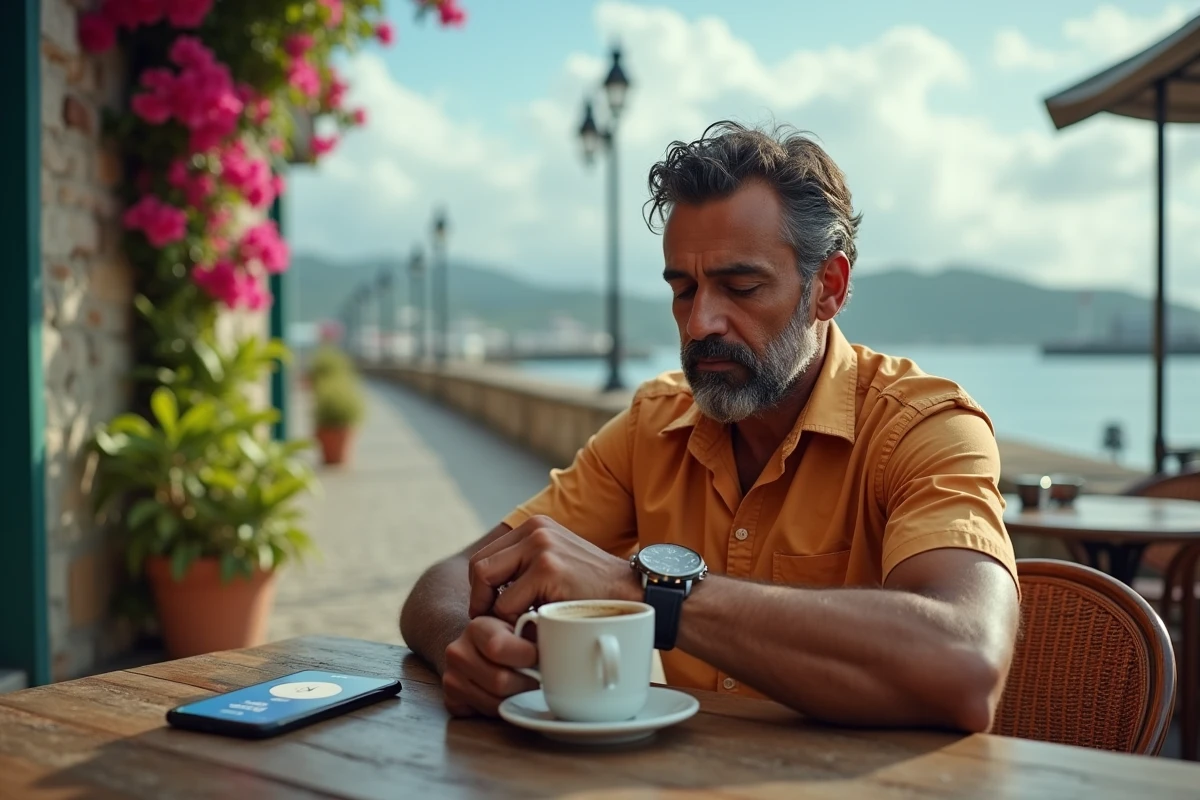 Homme vérifiant l'heure locale en Guadeloupe sur sa montre et son smartphone avant un vol