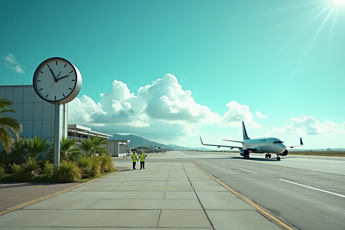 Vue extérieure de l'aéroport de Guadeloupe avec horloge locale et avion sur le tarmac