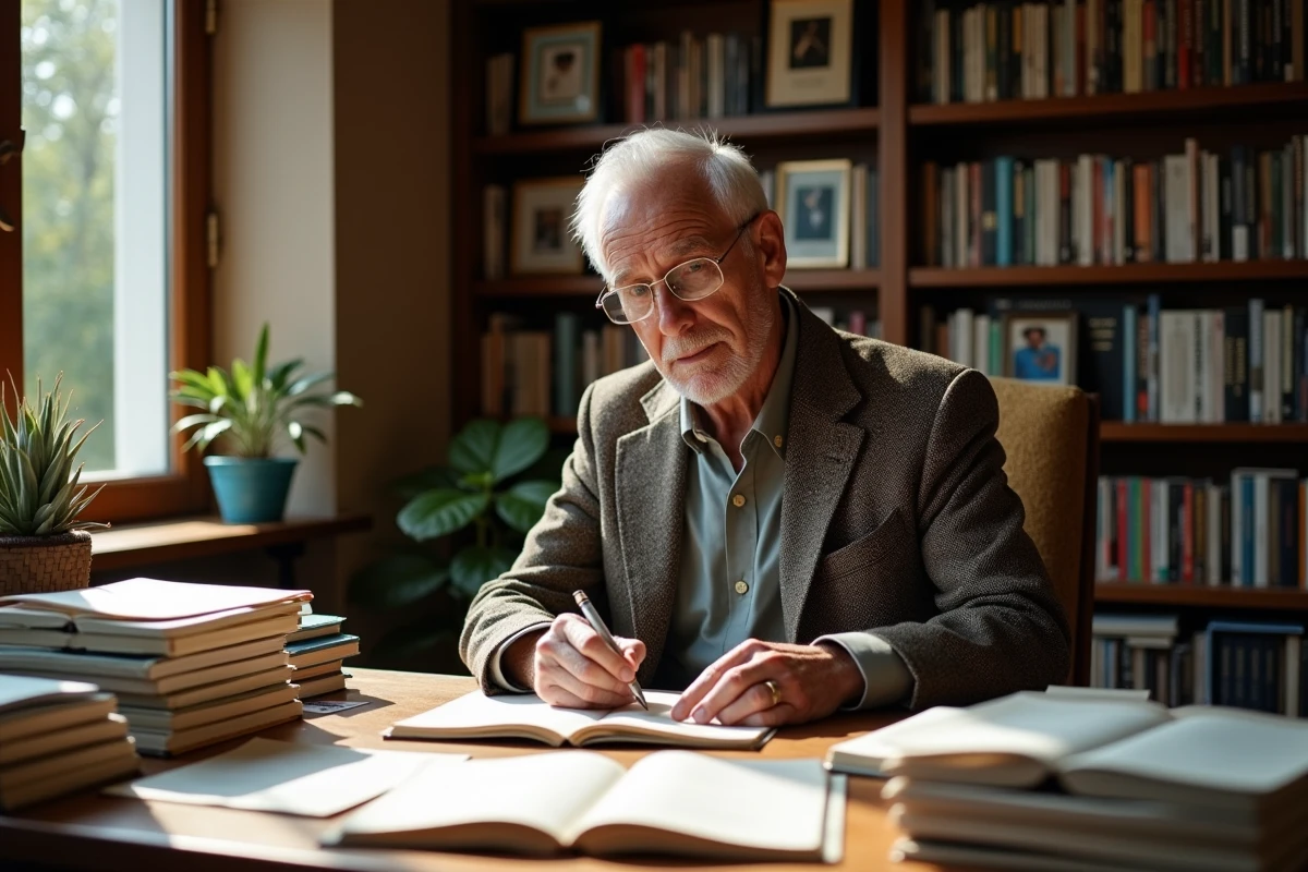 Musicien plus âgé travaillant à son bureau avec livres et notes