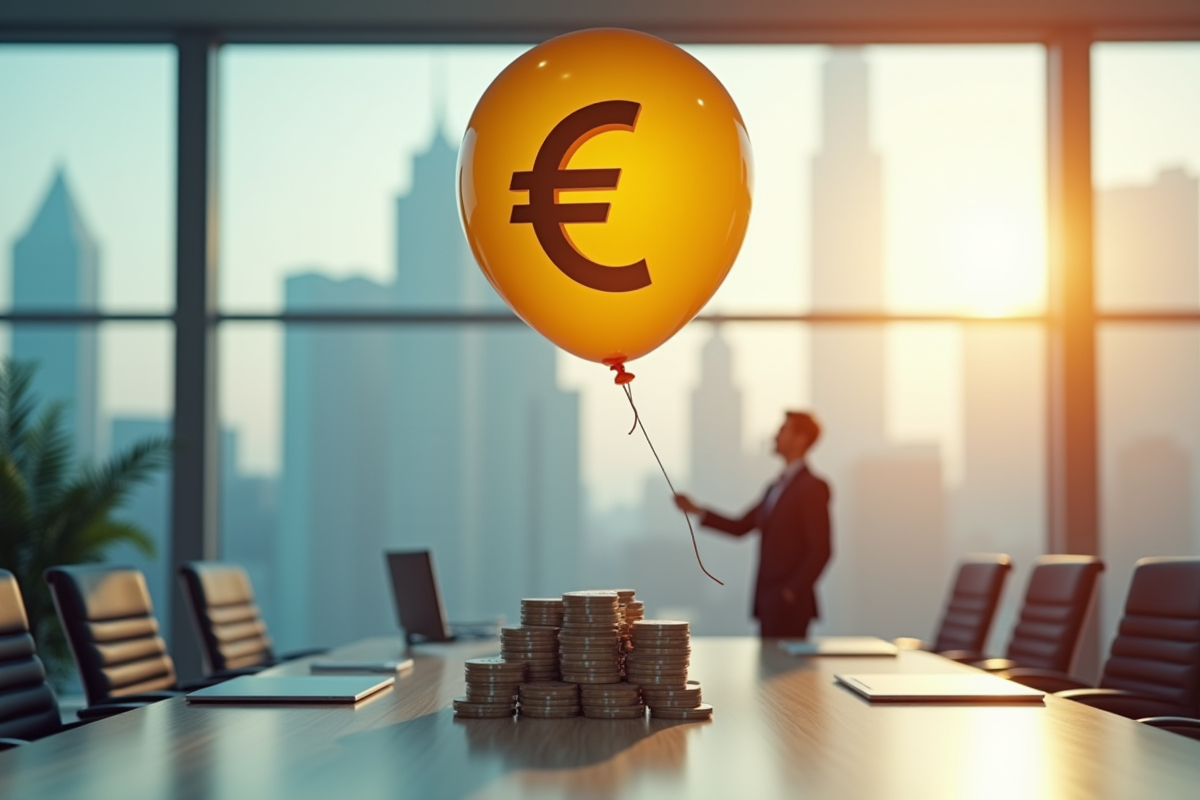 Homme d'affaires tenant un ballon euro flottant au-dessus d'obligations