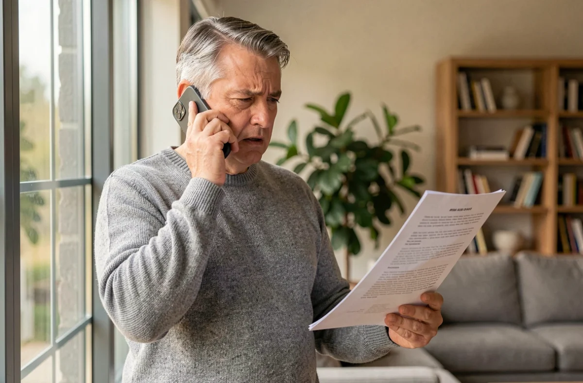 Homme en litige téléphonant à son opérateur en tenant un document pour contester un prélèvement 118712