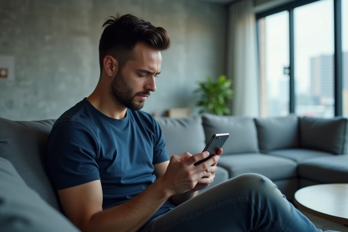 Homme lisant des messages sur une application de tchat alternatif depuis son smartphone dans un appartement moderne
