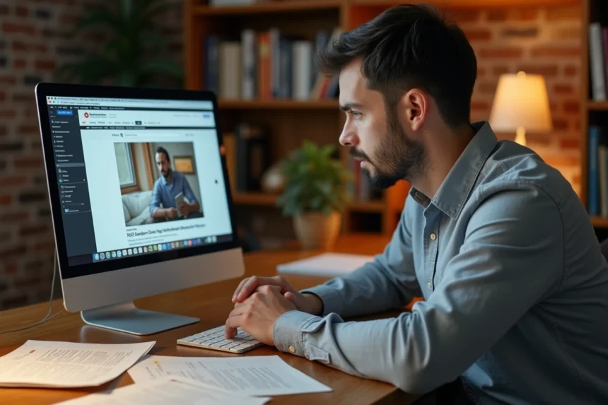 Homme consultant les archives de l'ancien site Wikio sur un ordinateur portable dans un bureau à domicile